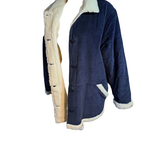 SALE!! Denim & Co Navy Blue Sherpa Lined Corduroy Button Front Jacket Large - Picture 7 of 8